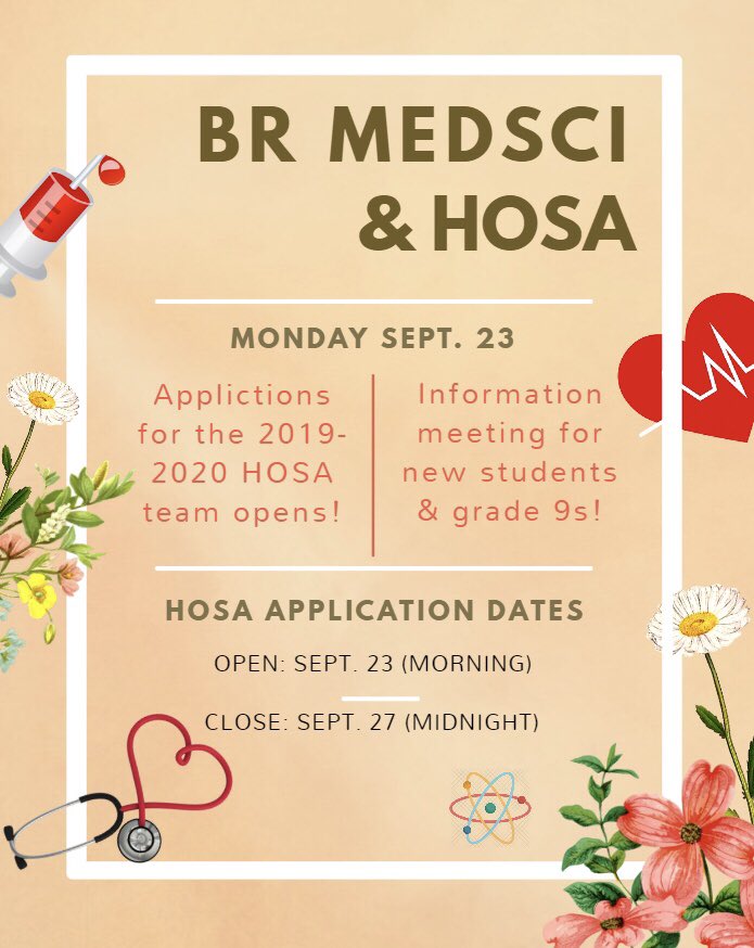 Attention ALL BR students! 
Our very first meeting is THIS MONDAY after school in the library! Applications for the 2019-2020 HOSA team will open on September 23!
Hope to see you all there!