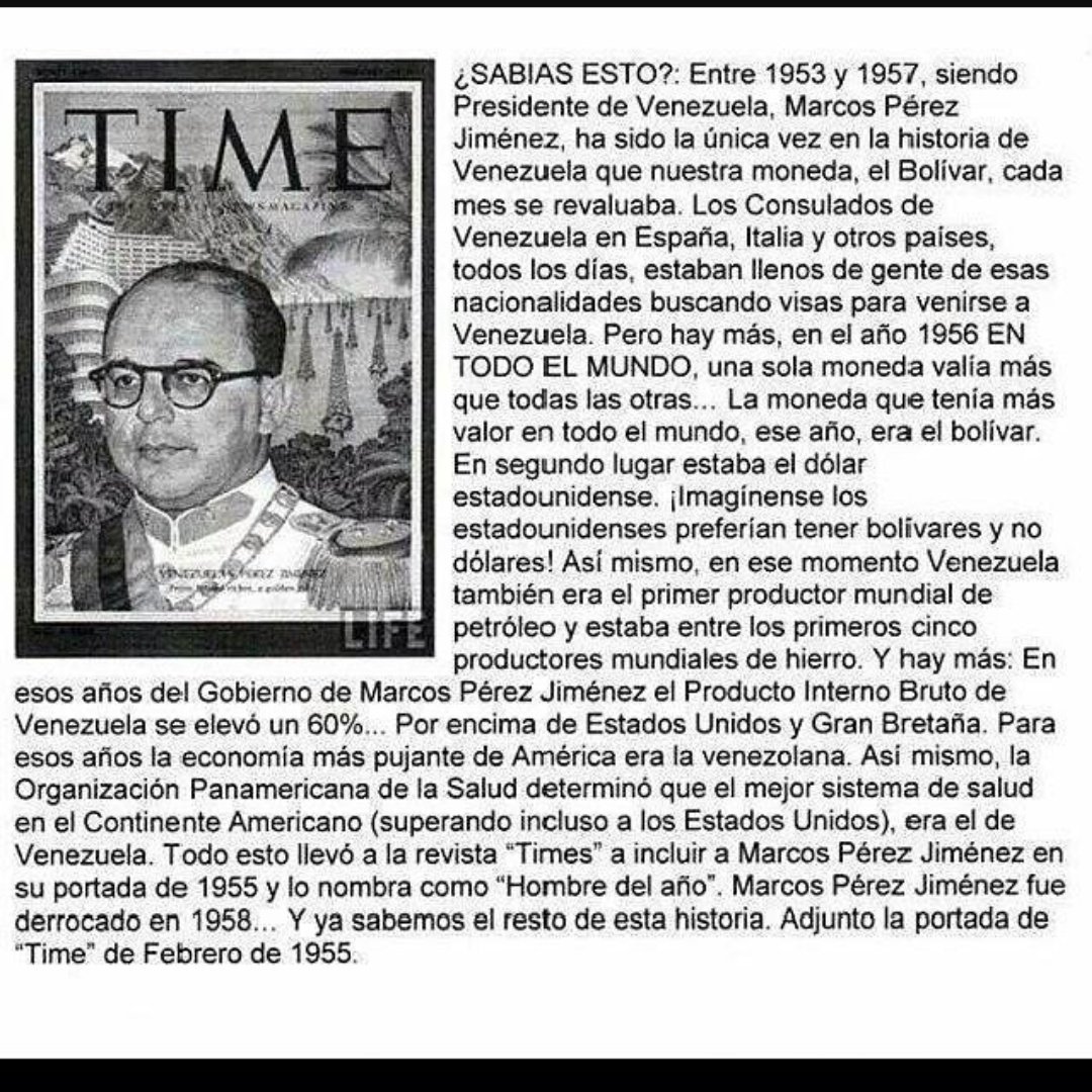 Historia de Venezuela on Twitter: ""Con Marcos Pérez Jiménez el Bolívar  valía más que el dolar". Falso. Desde 1941 hasta 1960 el tipo de cambio fue  siempre el mismo: 1 dólar =