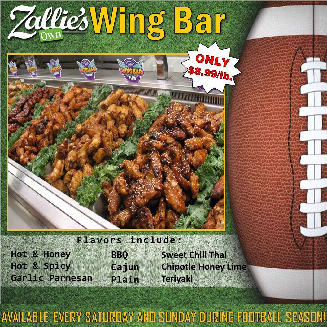 ZalliesOwn's tweet photo. #FootballSeason is officially here and so is our #WingBar! Every Saturday and Sunday during football season we will be offering our store made #chickenwings by the pound in a variety of flavors including Chipotle Honey Lime, Garlic Parmesan, Teriyaki and much more! #FoodieFriday https://t.co/Llp5PhjyJY