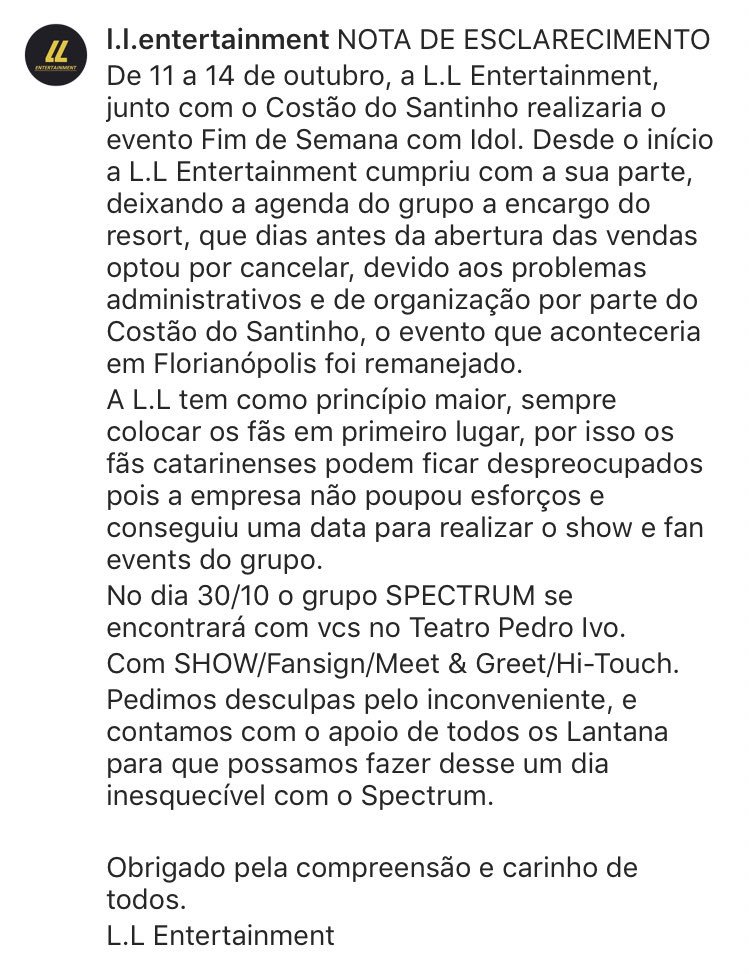 BRAfterParty's tweet photo. Acabou de sair uma nota de esclarecimento da @LL_Enter sobre o evento de Florianópolis! Lantanas fiquem atentas !! #SpectrumNoBrasil #Spectrum #SpectrumEmFlorianopolis @spectrum_0510 https://t.co/dqZT9K9EMp