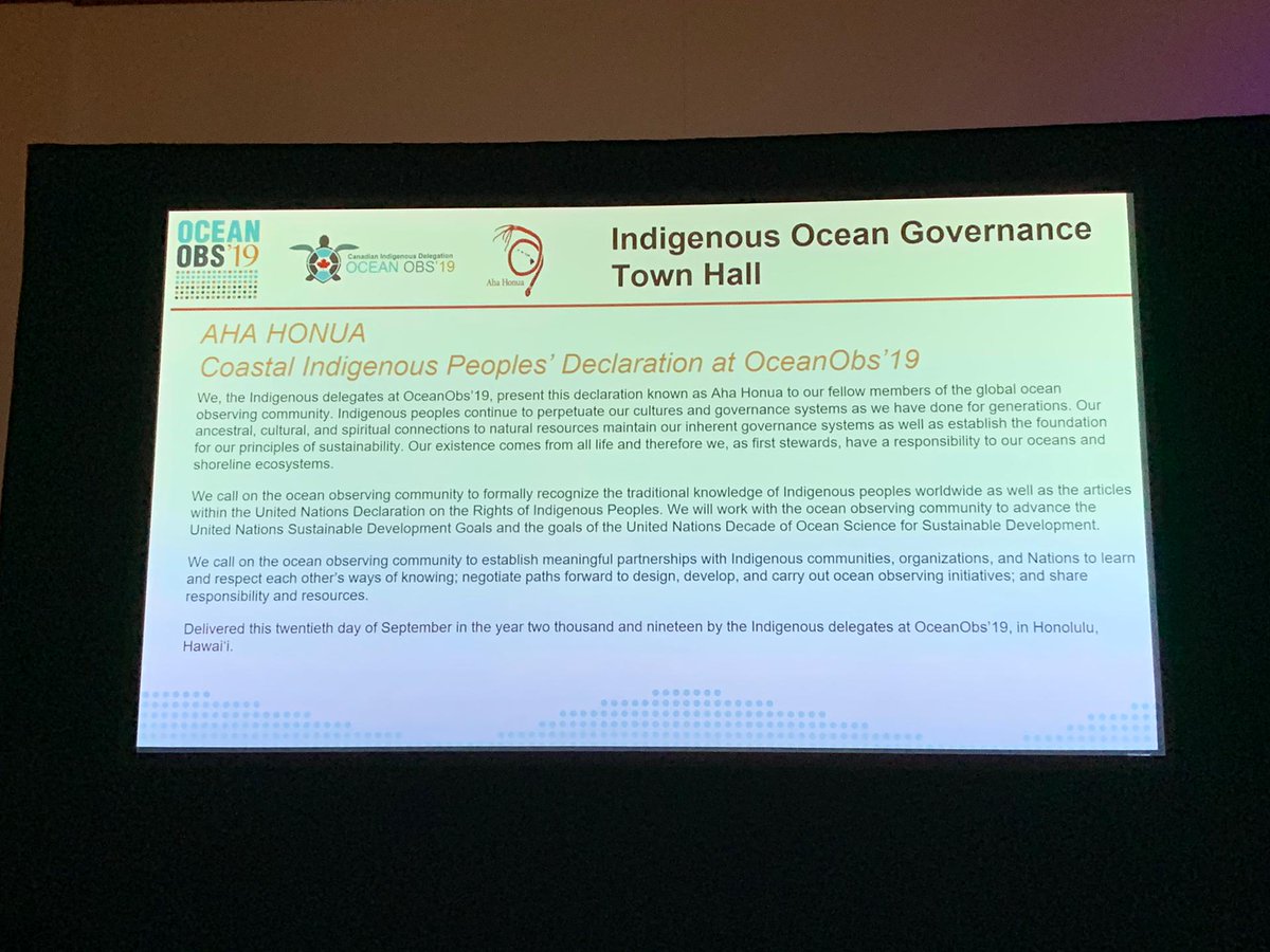 The importance of #IndigenousOceanObs cannot be overstated. The Aha Honua Coastal Indigenous Peoples' Declaration at OceanObs'19 will be critical to ensuring that the path forward after OceanObs includes Indigenous voices from the start. bit.ly/2m5fHuo