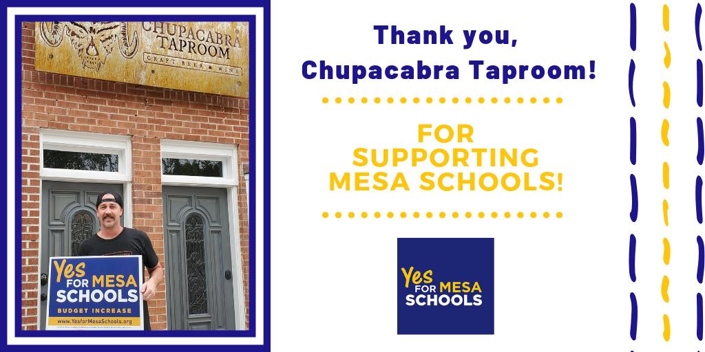A big thank you to Trent, owner of Chupacabra Taproom, for his continued support as he votes YES for Mesa schools! If you want your small business to be featured, post a picture showing your #MesaPublicSchools spirit and use the tag #YesforMesaSchools📸