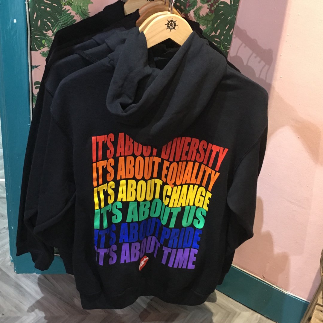Last chance to get you Merch before Pride. Abandon Ship open from 11-5 so take that lunch break and accessorise!  17 Exchange Street
Old tees: £12 
New tees: £18
Kids tees: £15 
Hoods: £40 
Totes: £8 
Pins: £6 
Sticker pack: £4
Wristbands £5
#Pride #Clothing #LGBT @abandonshipart