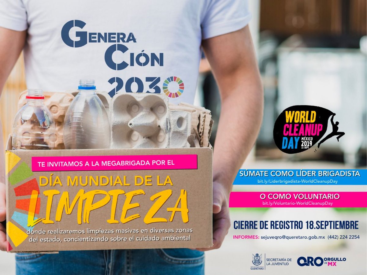 SejuveQro's tweet photo. ¡¡Ya es mañana!!🙌

Etiqueta a la persona con la que vas a ir al #DíaMundialDeLaLimpieza #WorldCleanUpDay2019 🚮♻️🌎💚

Aún estás a tiempo⌚️de inscribirte como #LíderDeBrigada o #Voluntario🖐️

#Generación2030 #GeneraAmbiente #GeneraCambio https://t.co/C2RY0AC5jW