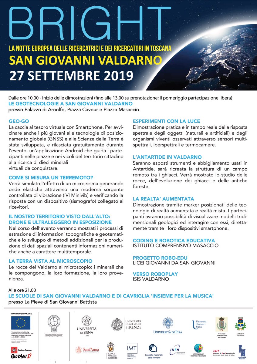 CgtUnisi's tweet photo. Tra una settimana per Bright 2019 “Le Geotecnologie a San Giovanni Valdarno!” dalle 10.00 alle 20.00 del 27 Settembre 2019.
#bright19 #valdarno #ricerca #unisi #cgt #geotecnologie #settembresangiovannese https://t.co/A6843SGsjV