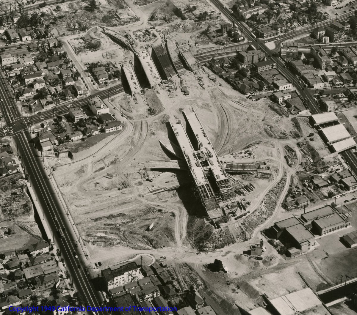 CaltransDist7's tweet photo. This week in 1953 the SR-110/US-101 “4-Level” interchange first opened to traffic! View during construction (left) &amp; on 9/19/19 (right). Watch for a scheduled segment on the 4-Level on the Almanac portion of the CBS Morning Show this Sun. 9/22/19. https://t.co/jgynVNg3SV