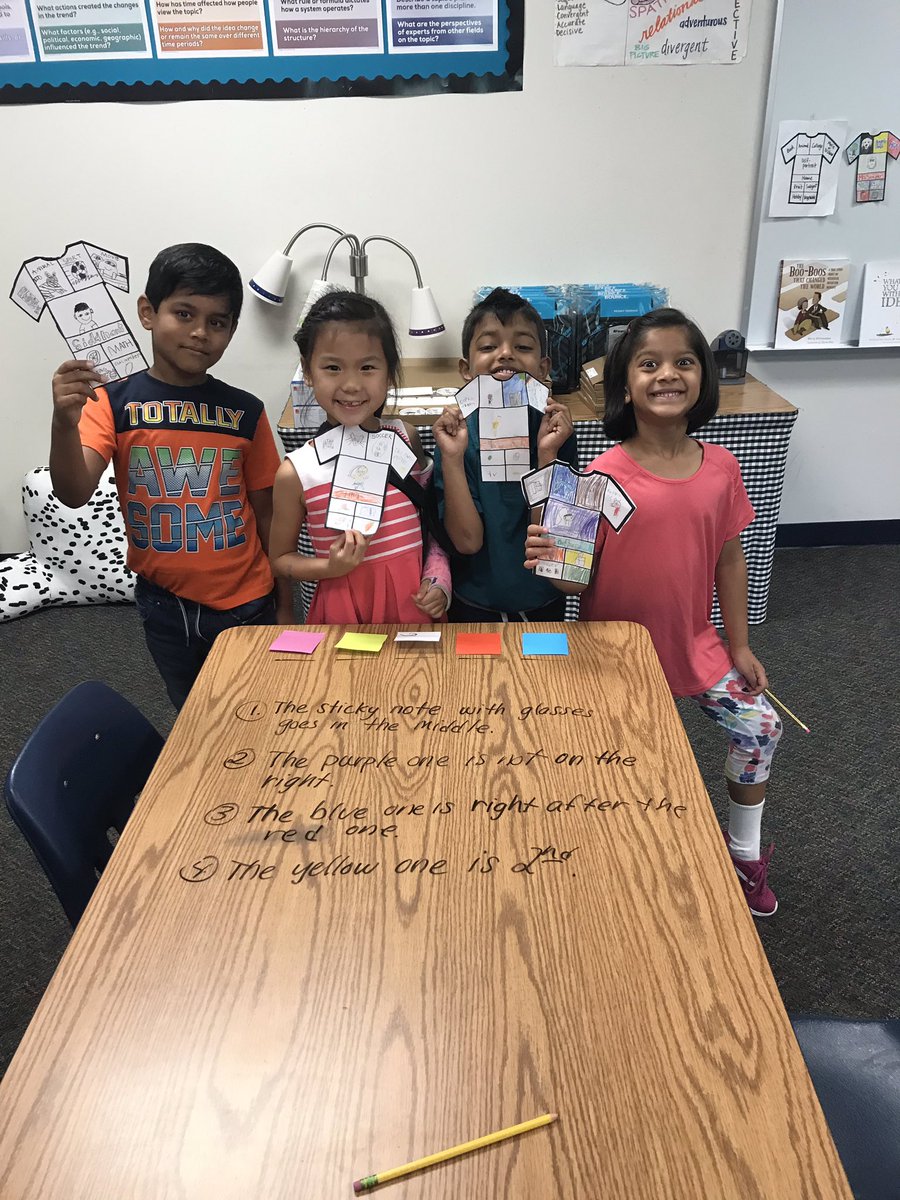 GTareWe's tweet image. 1st graders with their Selfie Shirts and the Deductive Reasoning clues they wrote. #OurFISDStory  #AndersonQuest #deductivereasoning