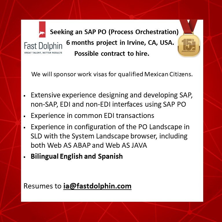 fastdolphin's tweet image. #SAPPO #SAPProcess Orchestration, Consultant for 6 month project in Irvine, CA, USA. English required #ITJob #IT Apply: ia@fastdolphin.com