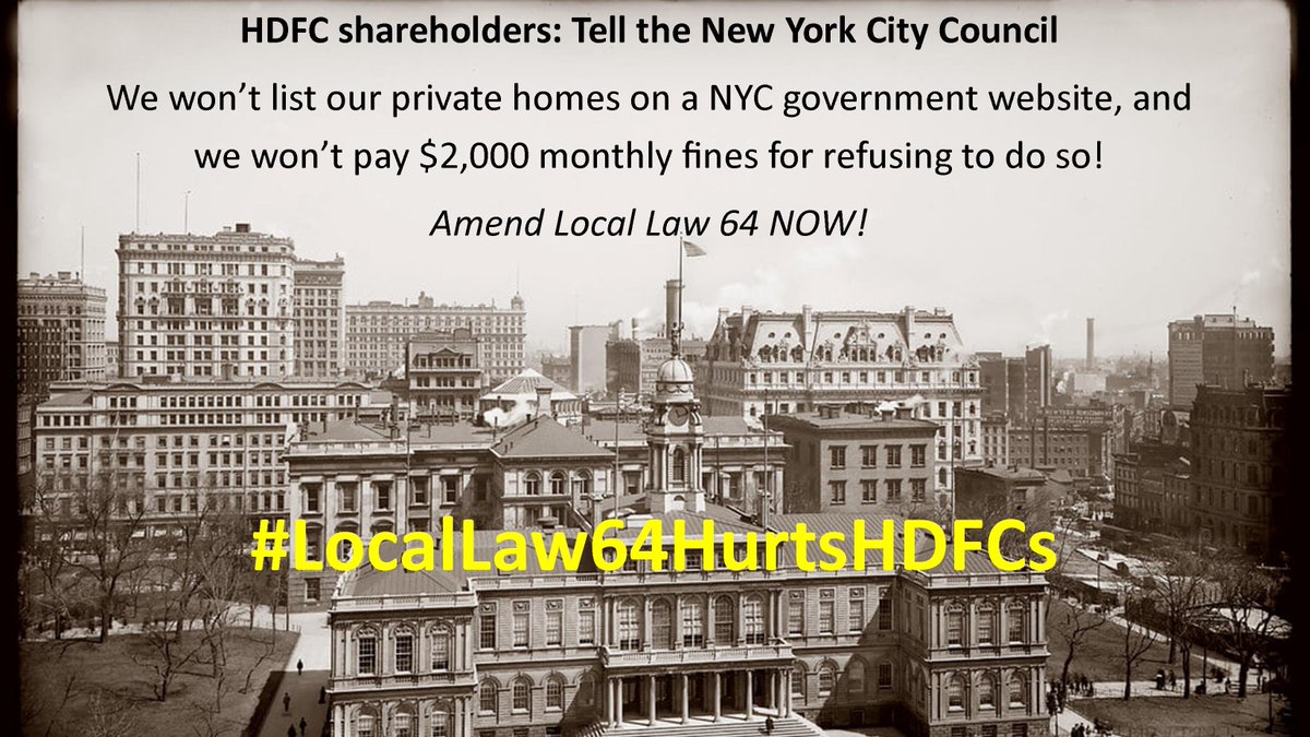 HDFC shareholders won't list their private homes on a NYC government website, and won't pay $2K MONTHLY FINES for refusing to do so! #LocalLaw64HurtsHDFCs #AmendLocalLaw64NOW