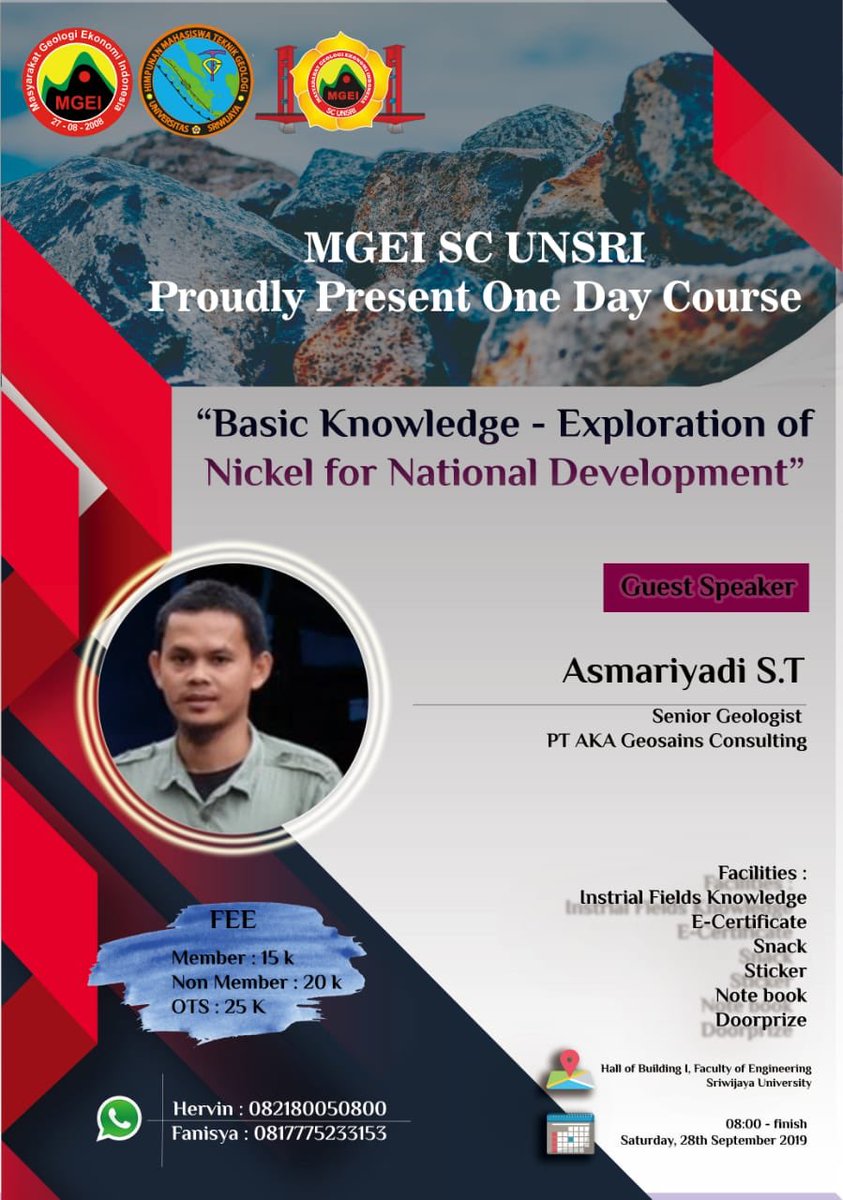 [MGEI RIDES TO CAMPUS]

"Basic Knowledge-Exploration of Nickel for National
By: Asmariyadi S.T (PT AKA Geosains Consulting) 

Saturday, 28 September 2019 (08.00 WIB), Hall of Building I, Faculty of Engineering, UNSRI
#MGEIgoestoCampus <a href="/MGEIOfficial/">Pengurus Pusat MGEI</a> 
<a href="/GeologiUnsri13/">Geologi Unsri</a> 
<a href="/SCMGEI_UNSRI/">SC-MGEI UNSRI</a>