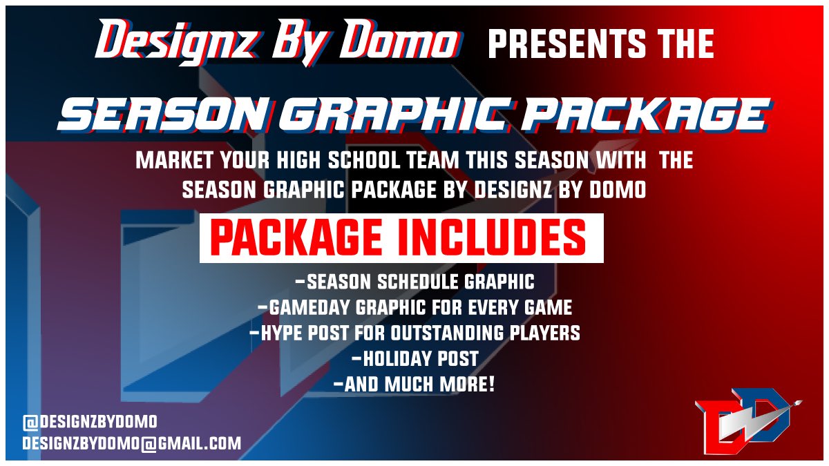 DesignzByDomo's tweet photo. Looking to market your high school team this upcoming season? The Season Graphic Package by @DesignzByDomo is back! We will provide marketing materials for every game and much more! DM us or email us for more details. #DesignzByDomo https://t.co/b6cX5Pei3y
