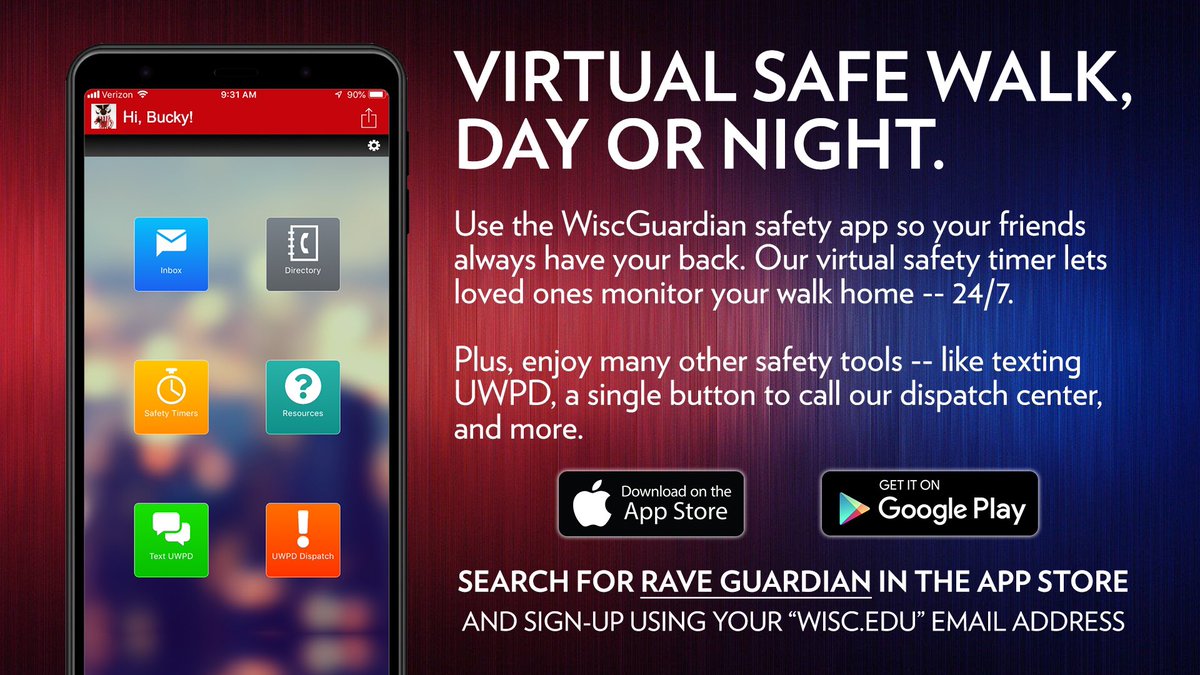UWMadisonPolice's tweet photo. A fun, busy weekend is upon us, Badgers! Some reminders:

✅ Watch out for one another. If something doesn’t seem right or you think someone needs to help, get involved. Or call 911.

✅ If you choose to drink alcohol, do so legally and responsibly.

✅ Download our safety app! https://t.co/678GDDEudJ