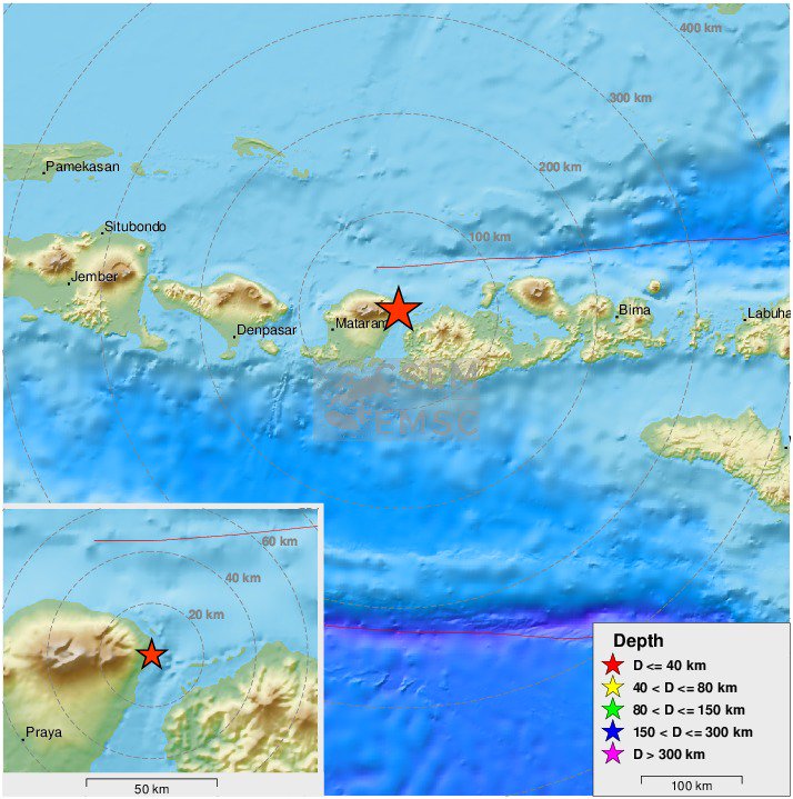 LastQuake's tweet image. Felt #earthquake (#gempa) M4.3 strikes 59 km NE of #Praya (#Indonesia) 9 min ago. Please report to: emsc-csem.org/Earthquake/ear…