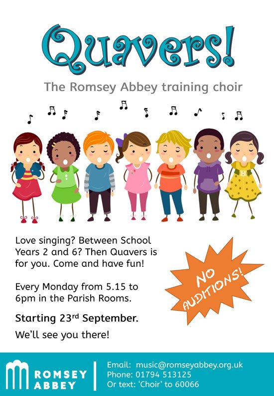 Do you know any children, school years 2 to 6, that enjoy singing 🎶 and would like to be part of Quavers - the Romsey Abbey Training Choir? It starts on Monday 23rd Sept 5.15pm - 6pm in the Church Rooms. Please get in touch - we would love to hear from you.
