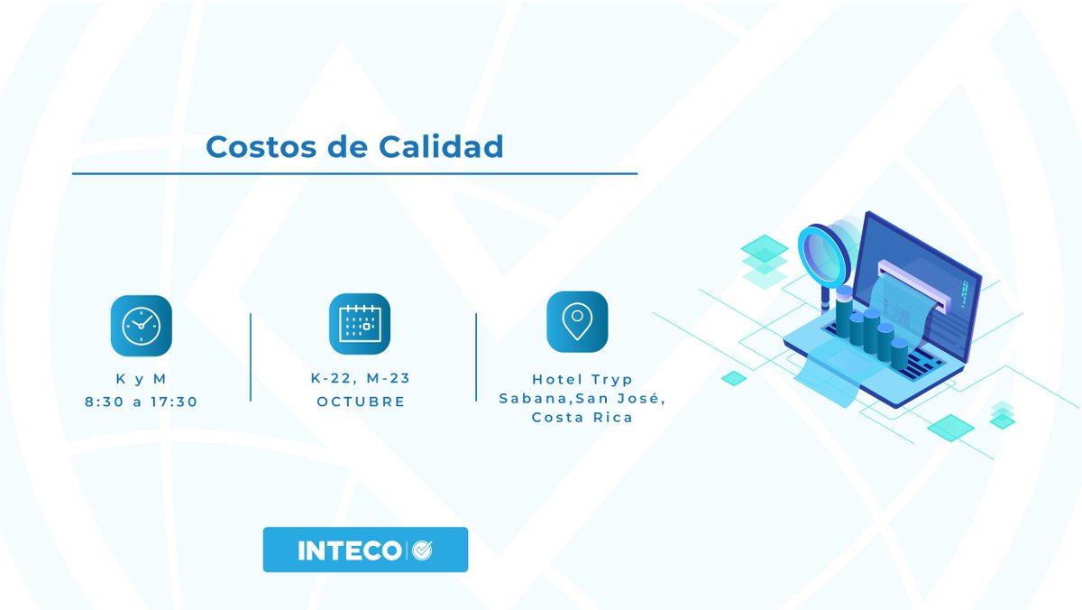 INTECOcr's tweet photo. Tome desiciones que le permitan mejorar la efectividad de su sistema de gestión ¡Conozca los costos de la calidad!
¡Inscríbase en el siguiente enlace https://t.co/WJkOASkQIX!
#INTECO #NormasTecnicas #CostaRica #FormacionINTECO #Capacitaciones2019 #IQNetAcademy #CostosDeLaCalidad https://t.co/NpumGVQAfB
