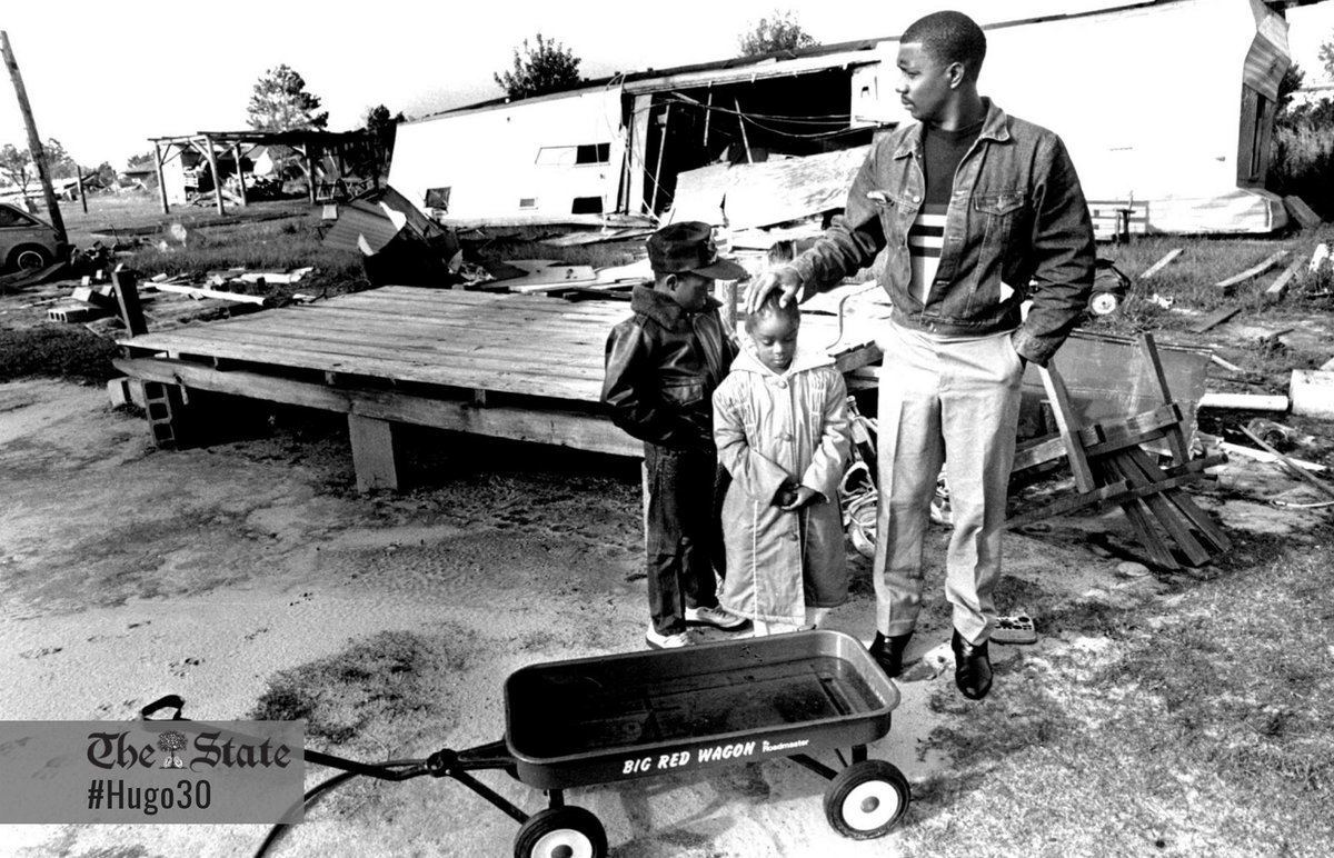 thestate_hugo's tweet photo. Buddy Davis in Mayesville stands in front of his flipped mobile home with 2 of his 3 children. Davis’ 13 month old boy did not make it out of the storm. #Hugo30 https://t.co/YSvhnJxVvU