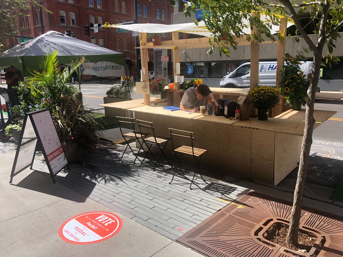 ridespin's tweet photo. We can't get enough of these beautiful parklets. A huge thank you to our partners @thebetterblock @denpublicworks @downtowndenver @walkdenver and all six of our finalists for bringing multimodal parklet design to life. Look out for winners announced soon! #RideSpin #SpinHub https://t.co/PqQ4MRDKdE