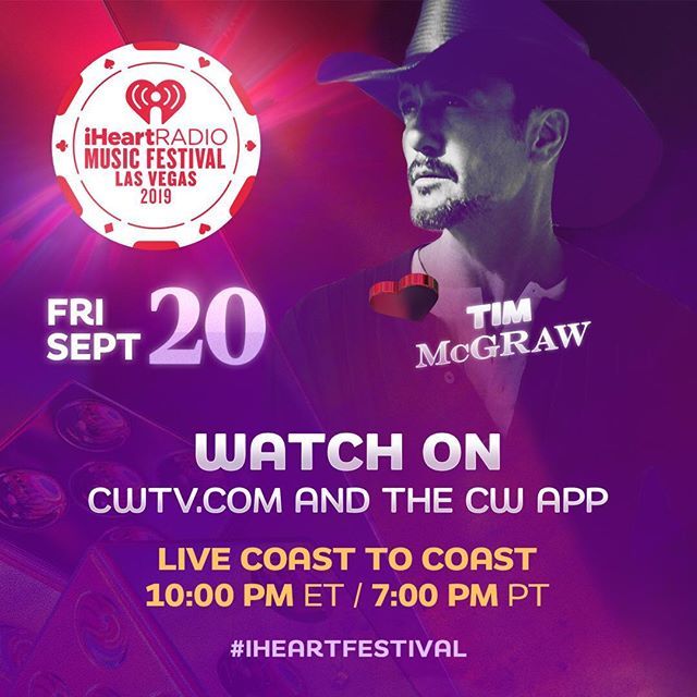 1001er's tweet photo. It all starts TONIGHT at 10pm from #Vegas. SO looking forward to seeing #TimMcgraw !! Watch it on https://t.co/c9QQHG5ttP and @theCW app #iHeartFestival2019 https://t.co/ZByltXdWl7 https://t.co/BRGroAxrDa