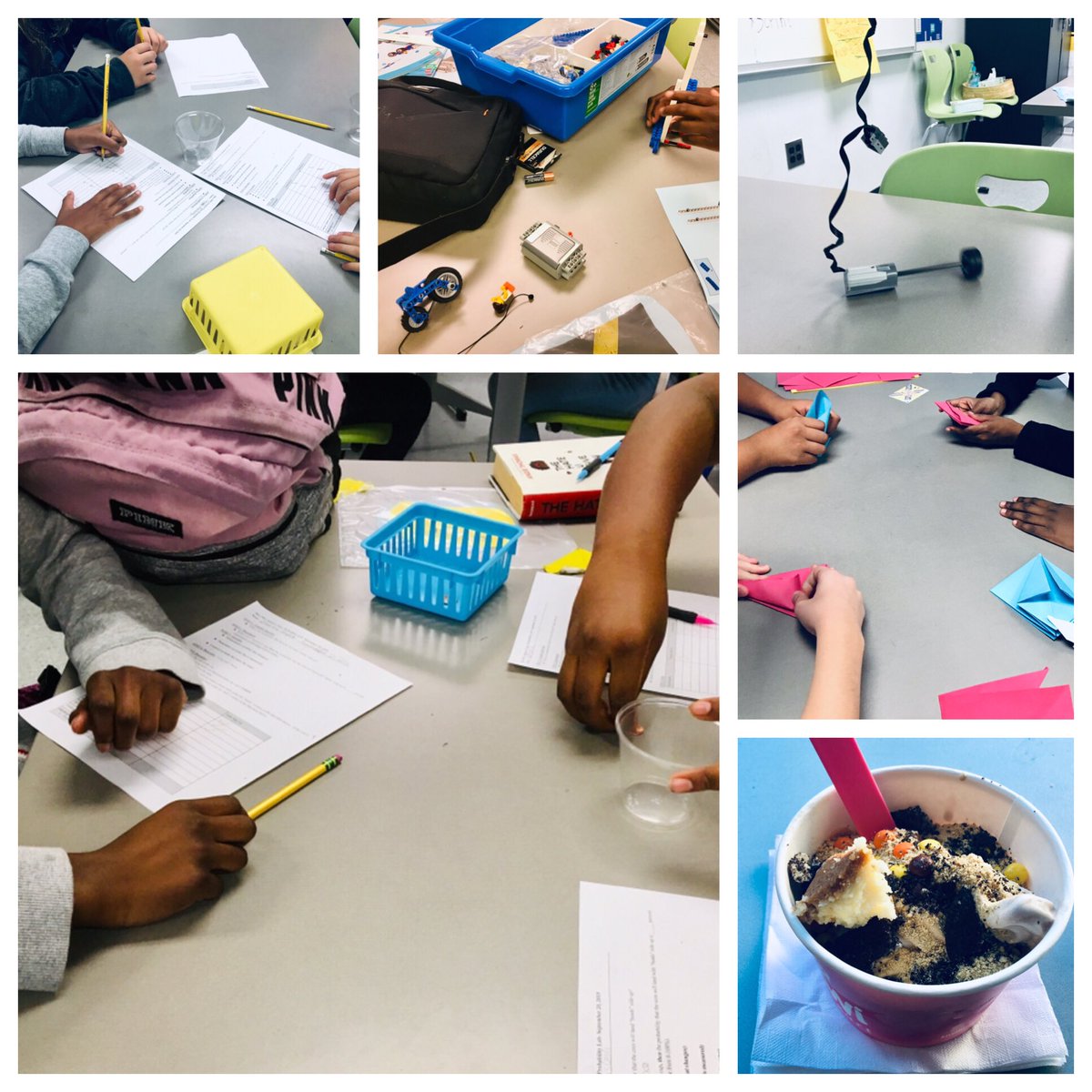 AmiPatelHop's tweet photo. @SLAMiddle FRI-YAY: #Pathfinder science practiced the scientific investigation steps through a probability lab!; #LEGOLunch; #MrsPH Advisory won trivia AGAIN & learned how to make origami from another student on #FunFriday! Ended with #froyo with my inspiring colleagues! #phled https://t.co/N5UAGJxEPy