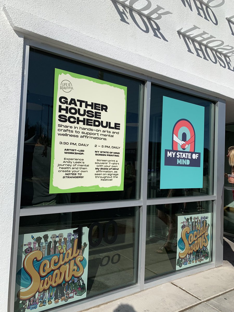 SocialWorks's tweet photo. Vegas, we’re not done yet! Catch us all weekend long from 2-5PM at @lifeisbeautiful! We’re talking all things #MyStateofMind at Gather House. Custom #MSOM x @lifeisbeautiful screen printing, therapeutic coloring butterfly walls, fun giveaways + more! https://t.co/Djpppkkvfp