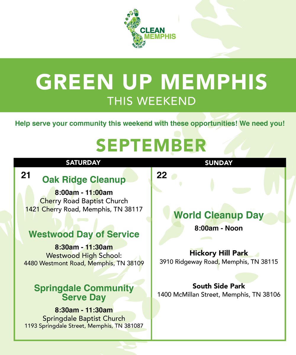 Help 💚 Green Up Memphis 💚 this weekend by serving your community with multiple volunteer opportunities! For more information on each cleanup, visit CleanMemphis.org