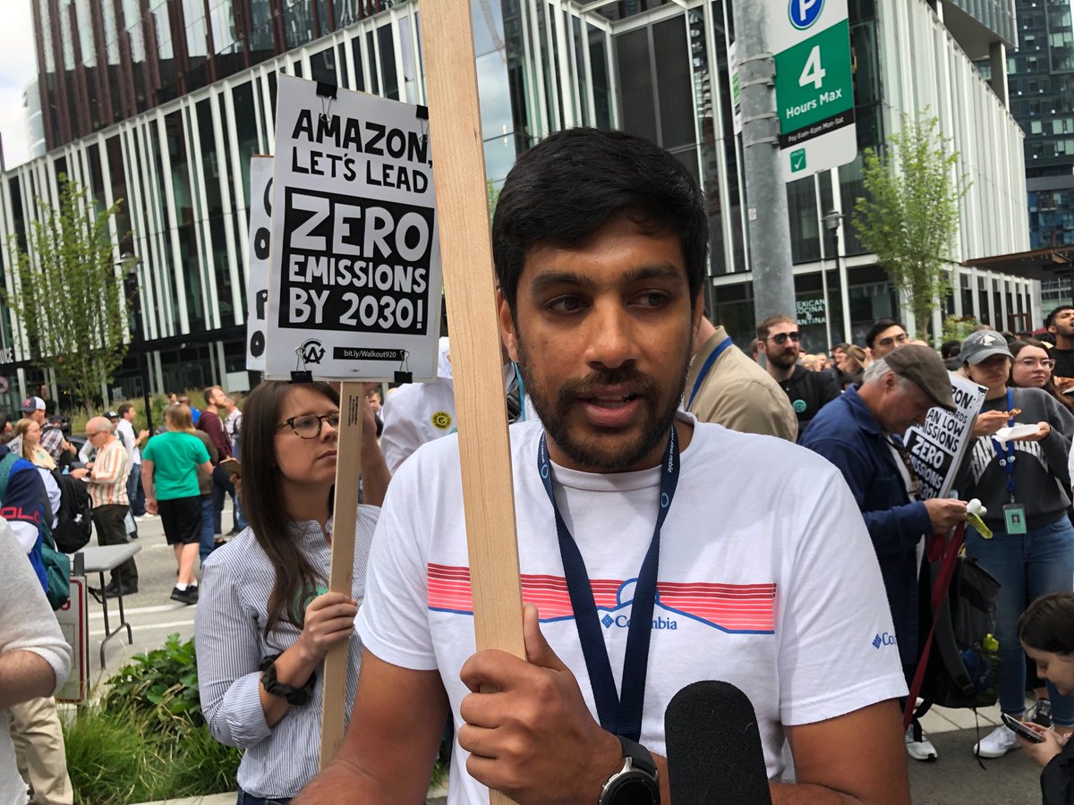 AmyRadil's tweet photo. Amazon software engineer says his hometown of Chennai is bringing in trainloads of water during drought. Employees want @amazon to quit serving oil and gas clients. Thousands of tech workers joined #SeattleClimateStrike today. @KUOW https://t.co/PkO8CFl3c7