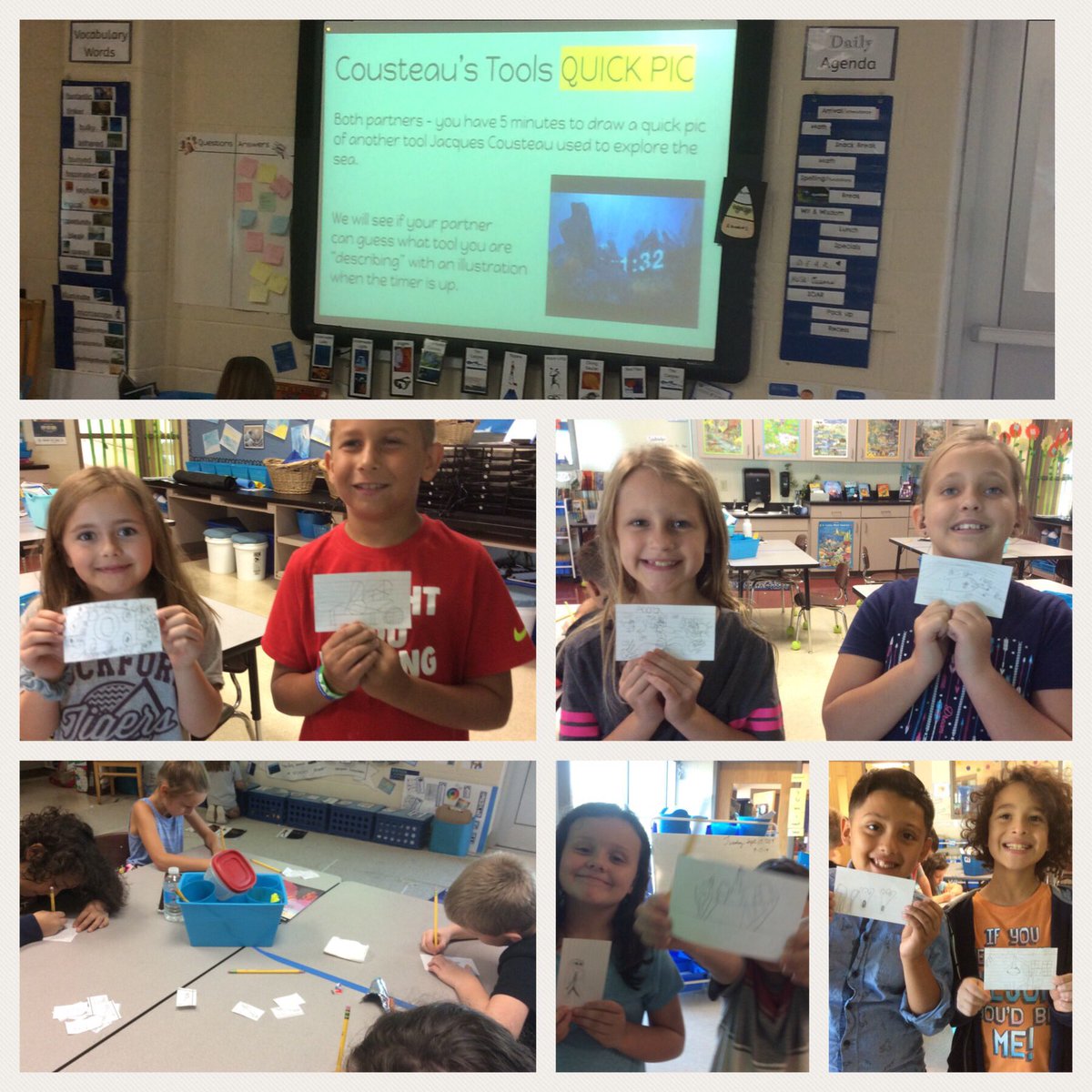 MrsSpencerEES's tweet photo. Describing tools Jacques Cousteau used to explore the sea with pictures we draw....and then with words we write in an essay. These kids are writers! @WitWisdomELA #eesoars https://t.co/yKwInOMult