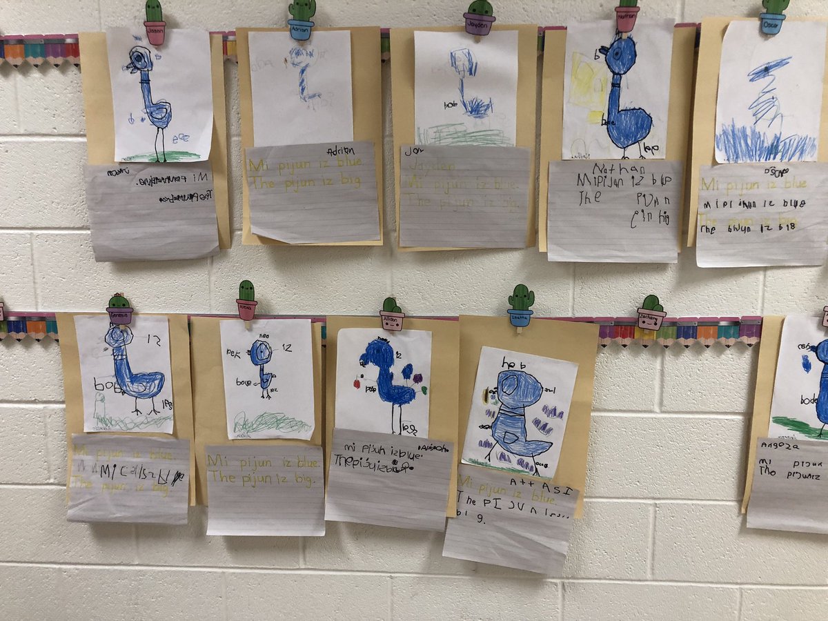 PortersMinions's tweet photo. For beginning of the year writing, I am very pleased with the writings I am seeing so far #pigeonwriting #kindergarten #beginningofyear #writing #interactivewriting https://t.co/yhA5UI79B4