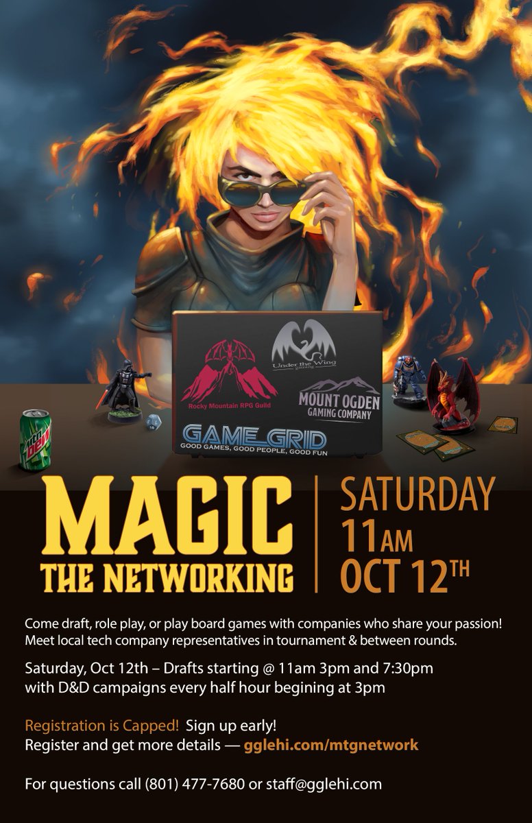 Looking to get to meet some local companies and people in the #siliconslopes ?  Come join us for 
<a href="/DnD_AdvLeague/">D&D Adventurers League</a>
  and #MtG.   Seats are limited, signups for Magic are available at gglehi.com/mtgnetwork
#Networking #TechForGood 
<a href="/Wizards_DnD/">Dungeons & Dragons</a> <a href="/UnderWingGaming/">Under the Wing Gaming</a>  <a href="/mountogdengc/">David Morris</a>