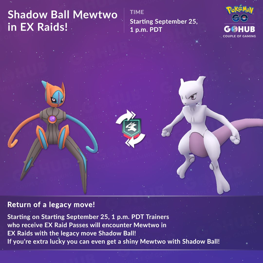 Couple of Gaming on X: #Mewtwo with the exclusive move Shadow Ball is  almost back and here's everything you need to know about this upcoming raid  boss in #PokemonGO! 🌀 All the