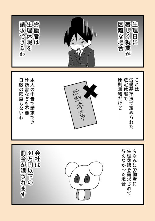 ねずみくちだけ 生理痛等で就労が著しく困難な女性のために 労働基準法では 生理休暇 が定められているの 労働者が申請した場合 会社はこれを拒むことはできず 仮に与えなかった場合は刑事罰に処され罰金が課せられるわ T Co Ryew86gs4q