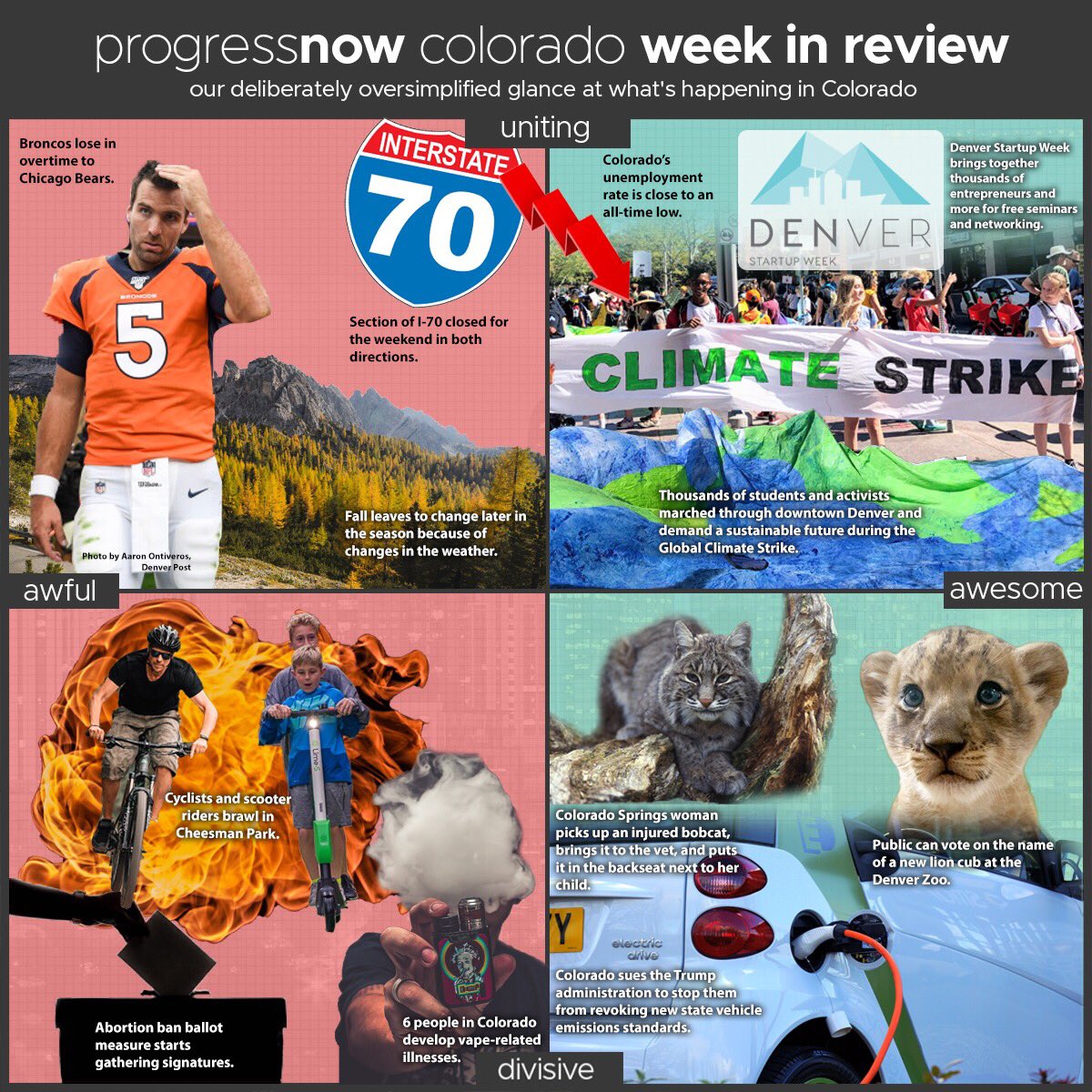 ProgressNowCO's tweet photo. Week in Review for September 20th, 2019: our deliberately oversimplified glance at whatโs happening in Colorado.
#COpolitics #ClimateChange #ClimateStrikeDenver #ClimateStrike
https://t.co/fmQCXTOKeJ https://t.co/VF9TxLMWKY