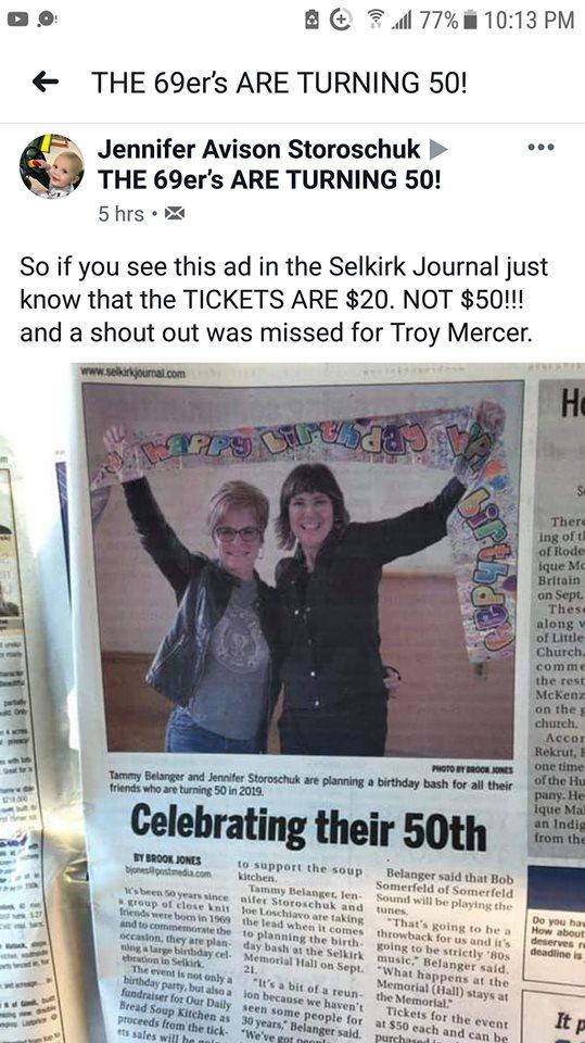 MichelleBailey1's tweet photo. THIS is happening tomorrow night in #Selkirk We are having a social for all of us who graduated in '87, were born in #1969 and turned #50 this year! Going to be a blast! #Royals #TheComp https://t.co/Rb4zMk5oQg