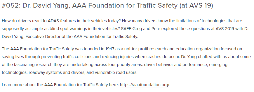 AVGregR's tweet photo. Now live! How many drivers know the limitations of technologies that are supposedly as simple as blind spot warnings in their vehicles?
Find out in our latest @MobilityPodcast episode featuring Dr. David Yang, Executive Director @AAAFTS! #AVS19
https://t.co/H58cffmXOz https://t.co/cwDEEkNOPf