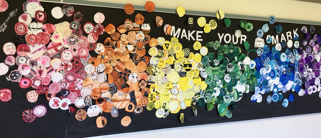 JenniferCutler5's tweet photo. Love the dots Ms. Colella’s 1st and 2nd grade artists created! Ms. Colella introduced the concepts of bravery, kindness and creativity in her lesson using Peter Reynold’s book The Dot to her students. Great example of integrating SEL into the curriculum! https://t.co/jrnmWzezKr