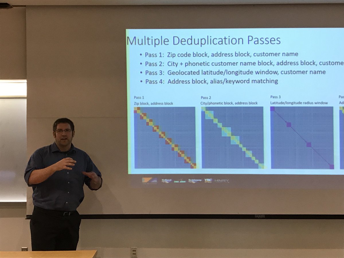 <a href="/KUMathDept/">KU Math Dept</a> alumnus, Dr. Jarod Hart from YRC Worldwide Inc., was presenting "Data Science in Practice: Record Deduplication Using Metric Space Geometry" this afternoon in Room 120 Snow Hall. Build your own record deduplication models at github.com/jvhart/dedupli…