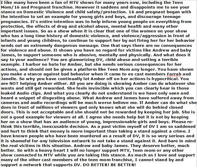 AnaManning21's tweet photo. An open letter to @mtv @TeenMom #mtv #teenmom #16andpregnant #StandagainstDV #domesticviolence #JusticeForAndrewAndJames https://t.co/E3zSDgmeQN