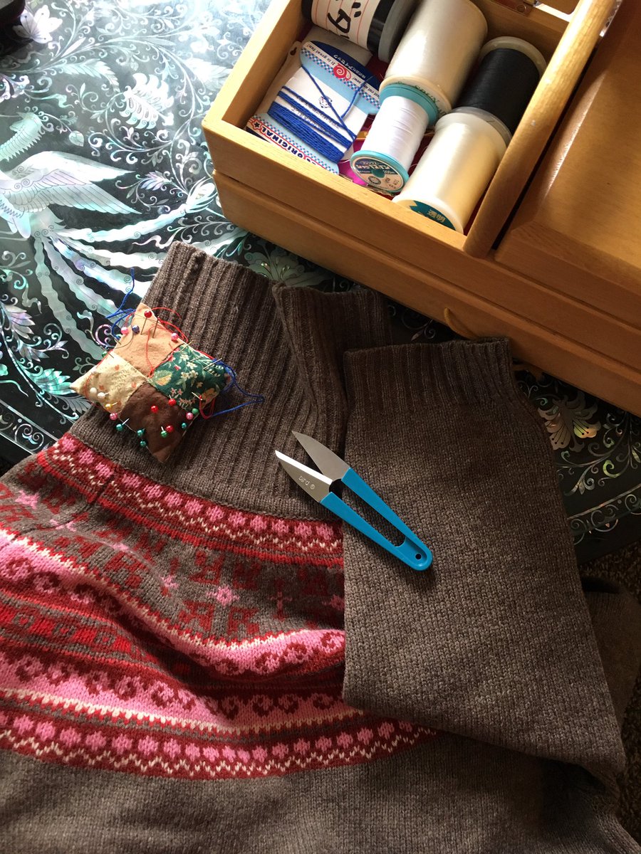 古いお気に入りのセーターの穴を繕う朝。針を刺したり抜いたり、時々糸をくるくる巻き付けたりする私の動きを至近距離で不思議そうに目で追う愛猫。この子もやや艶が無くなってきたとはいえ、16年目の冬毛セーターに着替えつつあります。