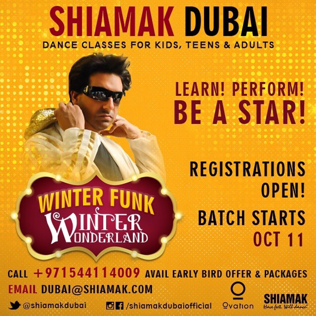 It’s time for Winter Funk 2019!! Learn! Perform! Be a Star! 
Registrations Open!!
Batch Starts Oct 11
Winter Funk Show Dec 6

Burjuman| JLT | Greens | Ibn Batutta | Silicon Oasis | Abu Dhabi

Call us on +971 544114009 to avail our Early Bird packages (Valid till Sept