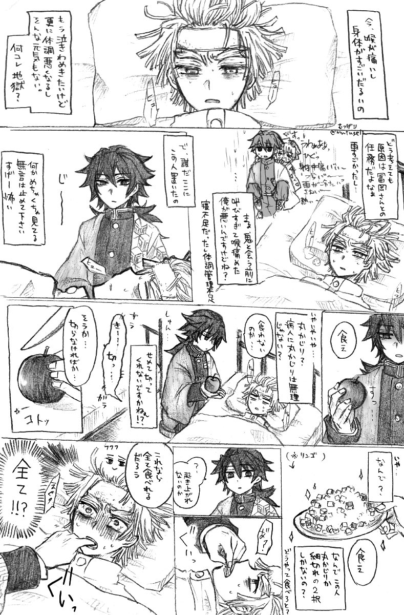 義善?
運悪く風邪ひいた善(声出せない、怠くて動けない)と、看病をしている(つもりの)義。
具合悪いからつっこむ気力さえなくて、皿一杯の林檎はマジで全て喉の奥につっこまれました。しぬわ。 