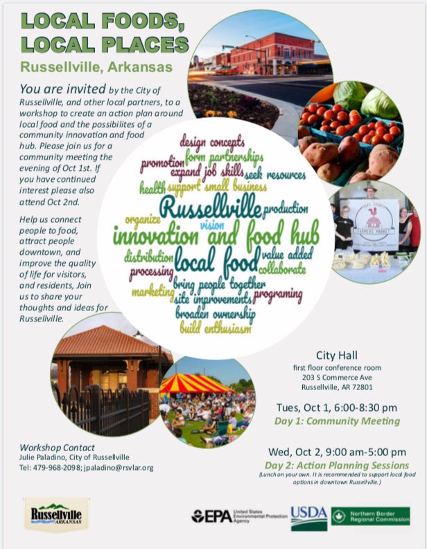 TiffanyHenryAR's tweet photo. Public meeting about #ATU and #Russellville partnership for culinary incubator Oct 1-2 at City Hall. #LocalFoodsLocalPlaces @ArkansasTech @RSVLCityHall @RussellvilleDT @RsvlTourism @RsvlAreaChamber @1MCrussellville @EPA @USDA https://t.co/4dFPUfFznN