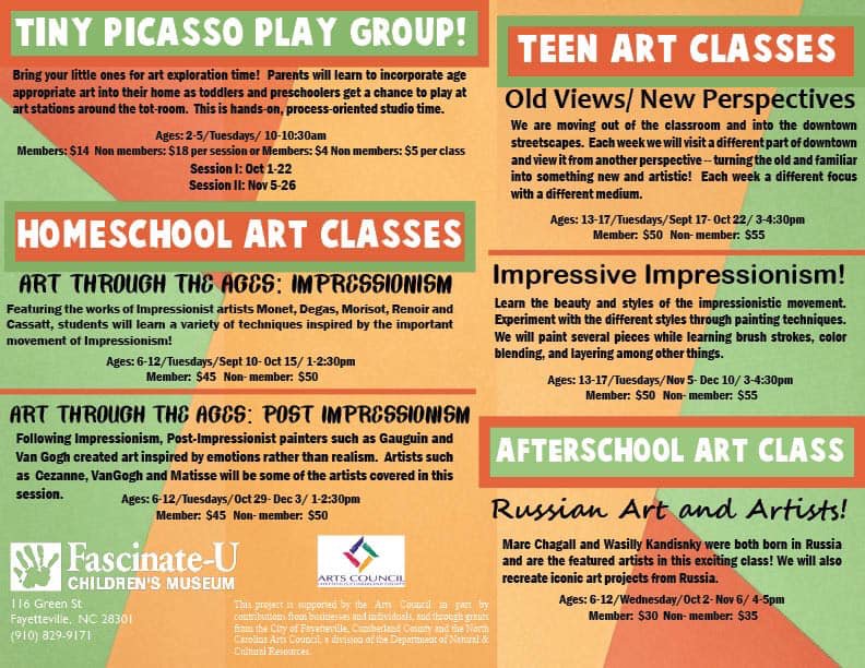 FascinateU's tweet image. Registration for our Fall Art Classes is open! We have a variety of classes for kids from 2 to 17 years of age! 
Call us today to register your kids! 910-829-9171.
#fallartclasses #kidsartclasses #weloveart