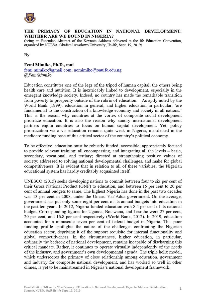 FemiMimiko's tweet photo. To tackle d challenges of its edu/ &amp; make it d bedrock of devt, Nigeria must put in place a creative &amp; sustainable multilevel funding framework led by d State, for edu; expand access, as part of a broader commitment to HumanCapitalDevt; mainstream TVE &amp; embrace TripleHelix model. https://t.co/DHJivt60oE