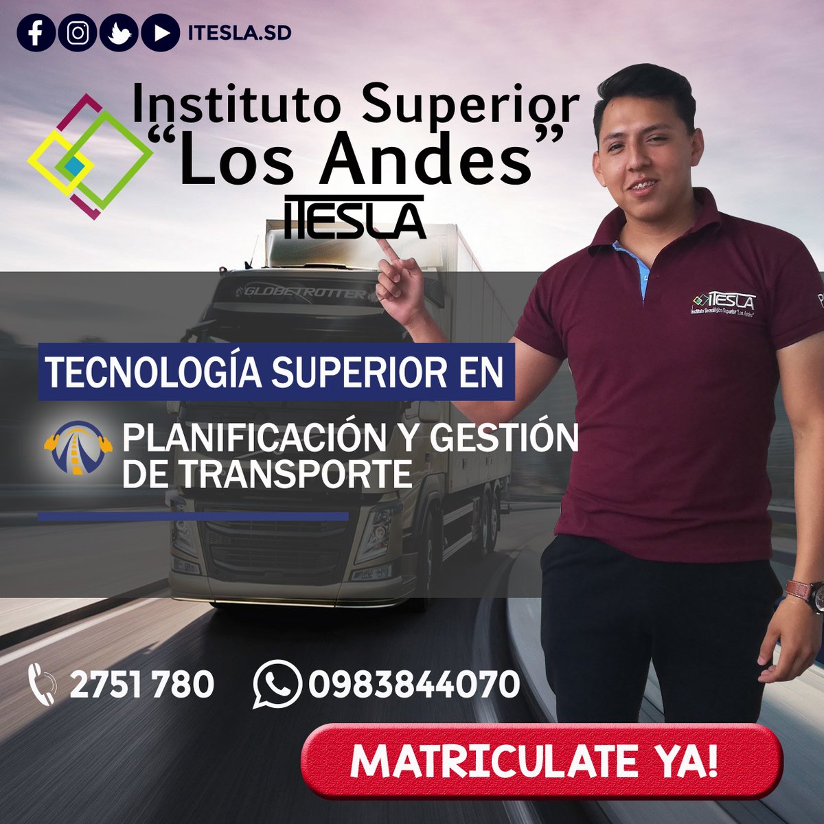 ISTLOSANDES's tweet photo. Matriculate Ya..!
Instituto Tecnológico Superior Los Andes #ITESLA
🎓 TÍTULOS DE 3ER NIVEL
☑ Tecnología Superior en Planificación y Gestión del Transporte Terrestre.
dale like para mayor inf. >>> https://t.co/kht5sqNmAt
▶Comunícate Ahora: ☎2751780 - 📱0983844070 https://t.co/OznuybywFM