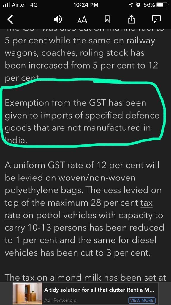 Exemption of GST on specified defence goods not manufactured in India well greatly benefit defence preparedness. Thankyou GST Council <a href="/nsitharaman/">Nirmala Sitharaman</a> Hon <a href="/FinMinIndia/">Ministry of Finance</a> 
<a href="/adgpi/">ADG PI - INDIAN ARMY</a>