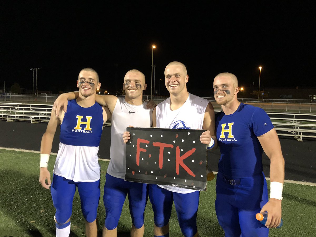 stoddmartin's tweet photo. Well,  the captains @HHSSpartansFB said if we raised $1,000 for @RileyChildrens  they would shave their heads. Over $4,400 raised. The results...@nikmartin_11 @CamRogers_  @GriffinLittle4 @_jakearch_  #ForTheKids Got a win tonight too! #5-0 https://t.co/y718Qm3Yad