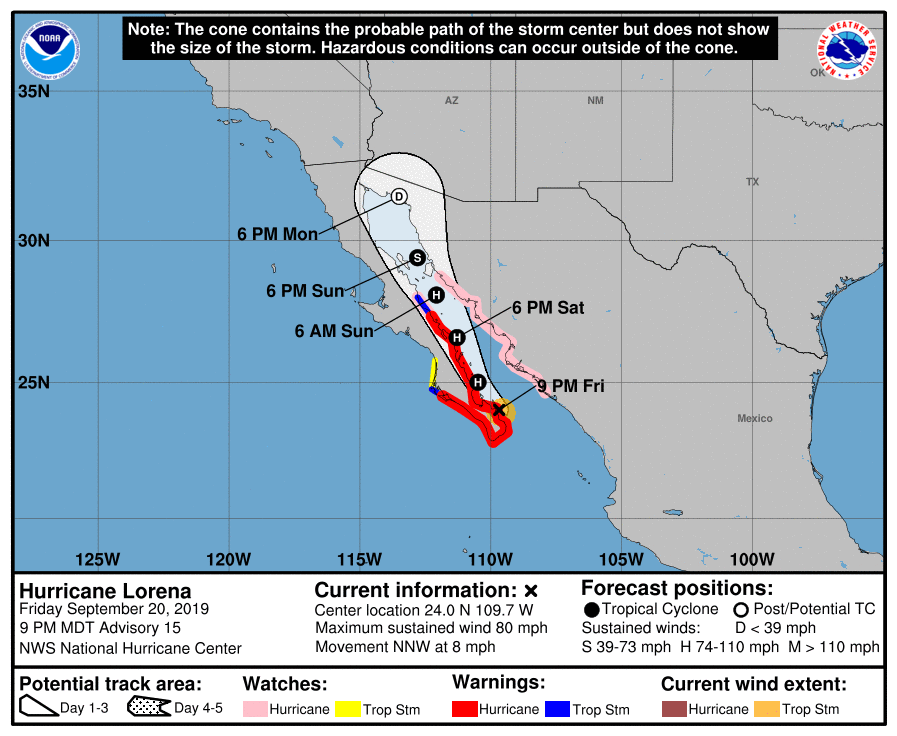 climahillo's tweet photo. Centro nacional de huracanes vuelve ajustar bruscamente la trayectoria de Lorena ahora a lo largo del golfo de California, según la trayectoria oficial, se acercaría a la costa de Hermosillo como huracán este domingo por la mañana. https://t.co/UU53KeTYs2
