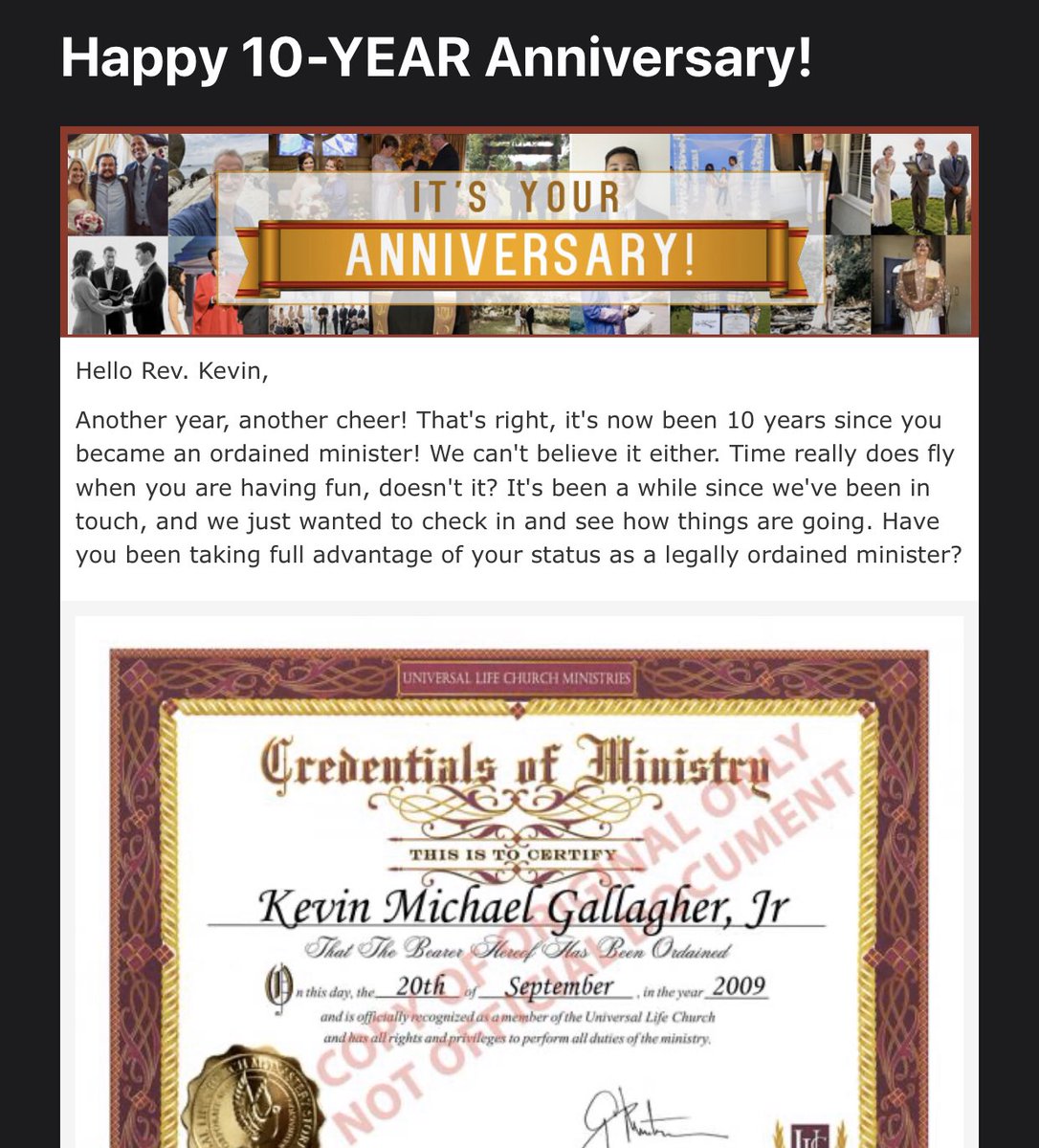 ThatNerdyKev's tweet photo. Fun fact: I’ve been an ordained minister for 10 years today! #RevKev https://t.co/18w2YSieJ9