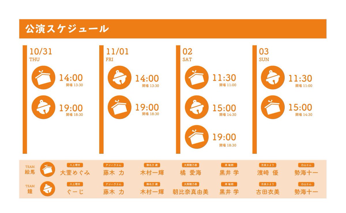KANKI_HAZARD's tweet photo. 【出演&上演スケジュール】
今回も一部Wキャスト制!
絵馬チームも鐘チームも、華やかでパワフルな女性陣が躍動します!
シングルキャストの男性陣も個性豊かでエネルギッシュ!
どちらもお見逃しなく!
#歓喜ハザード #5thProject https://t.co/tTP9gKKfeb