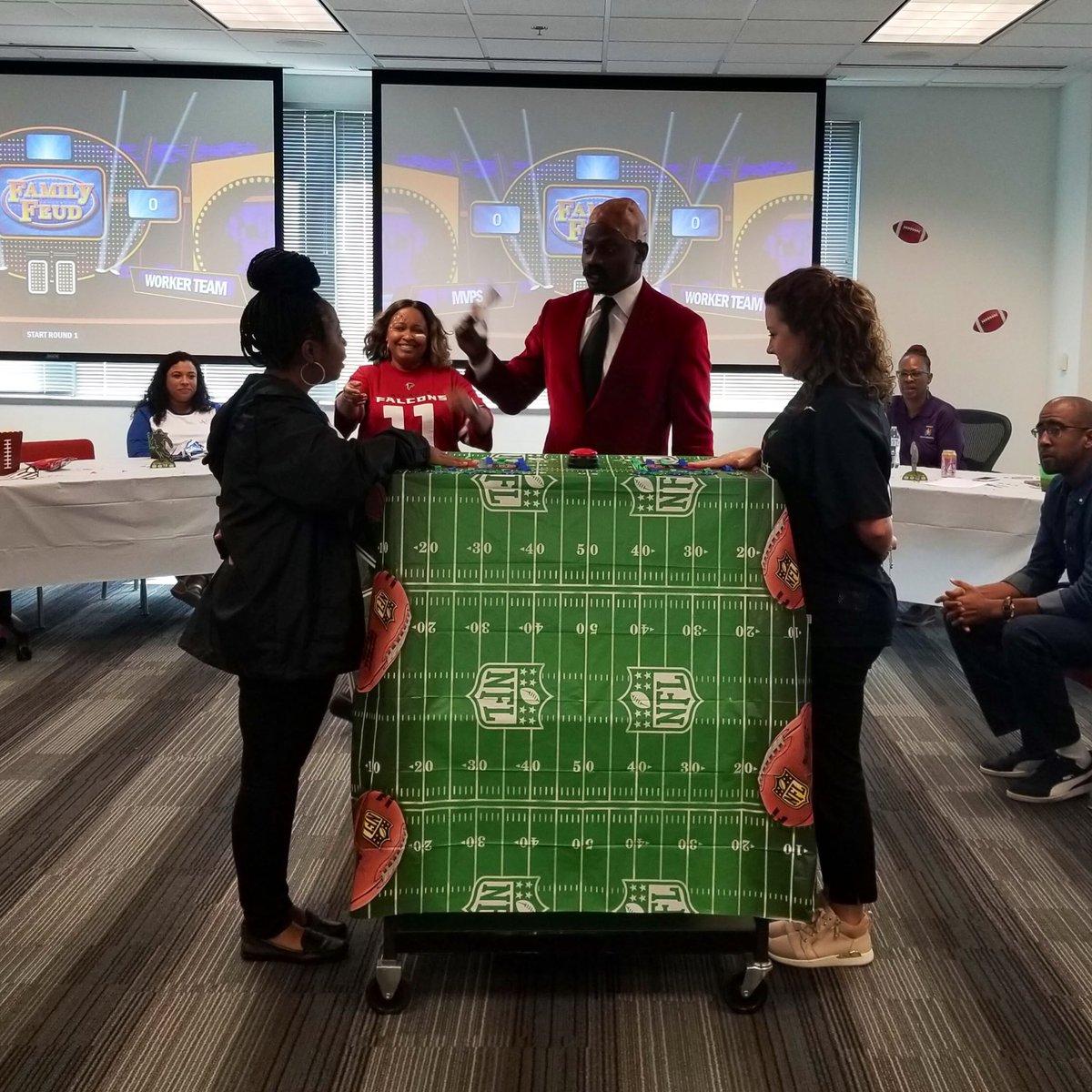skyeduck's tweet photo. #familyfeud was the best team building today! Not only did we get 2 know each other better, but we laughed til our sides hurt! Gave this @JoinTeamAPS HR team lots of ❤️ for working so hard this summer - only 7 👩🏽‍🏫 vacancies on #DayOneAPS &amp; smooth 1st payroll. 🏈 #FalconsFriday https://t.co/jqrVL4xKho